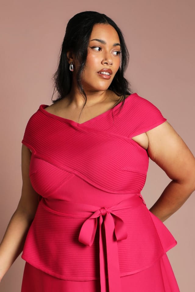 Coast Coast Women's Plus Bardot Bandage Full Skirted Midi Dress in Magenta - 2