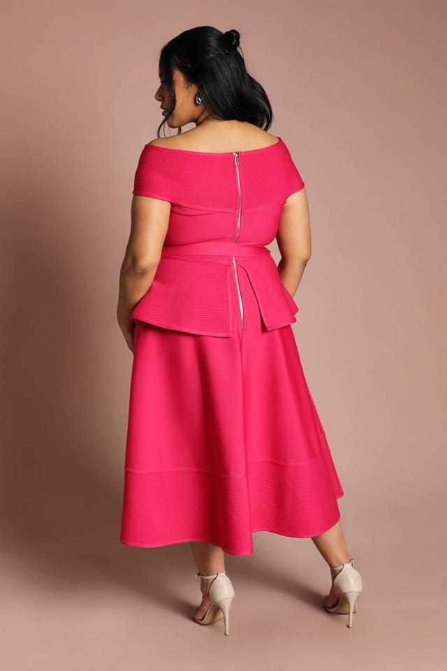 Coast Coast Women's Plus Bardot Bandage Full Skirted Midi Dress in Magenta - 3