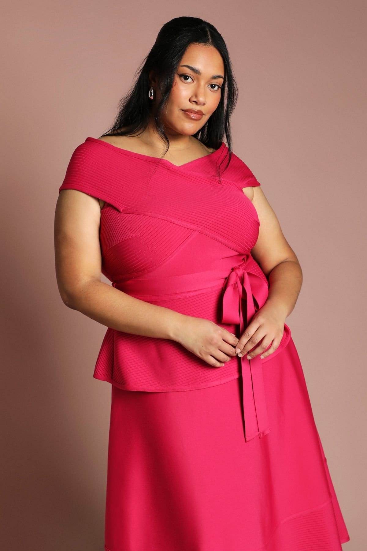 Coast Coast Women's Plus Bardot Bandage Full Skirted Midi Dress in Magenta - 4
