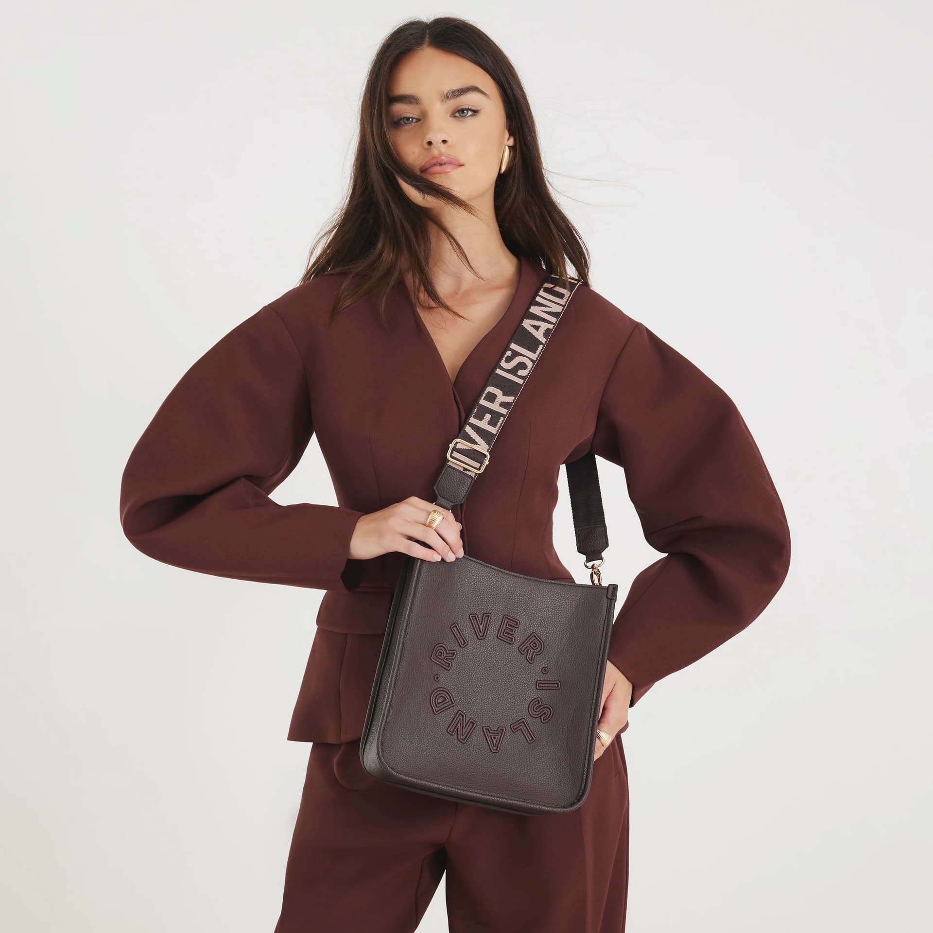 River Island River Island Womens Brown Ri Logo Messenger Bag