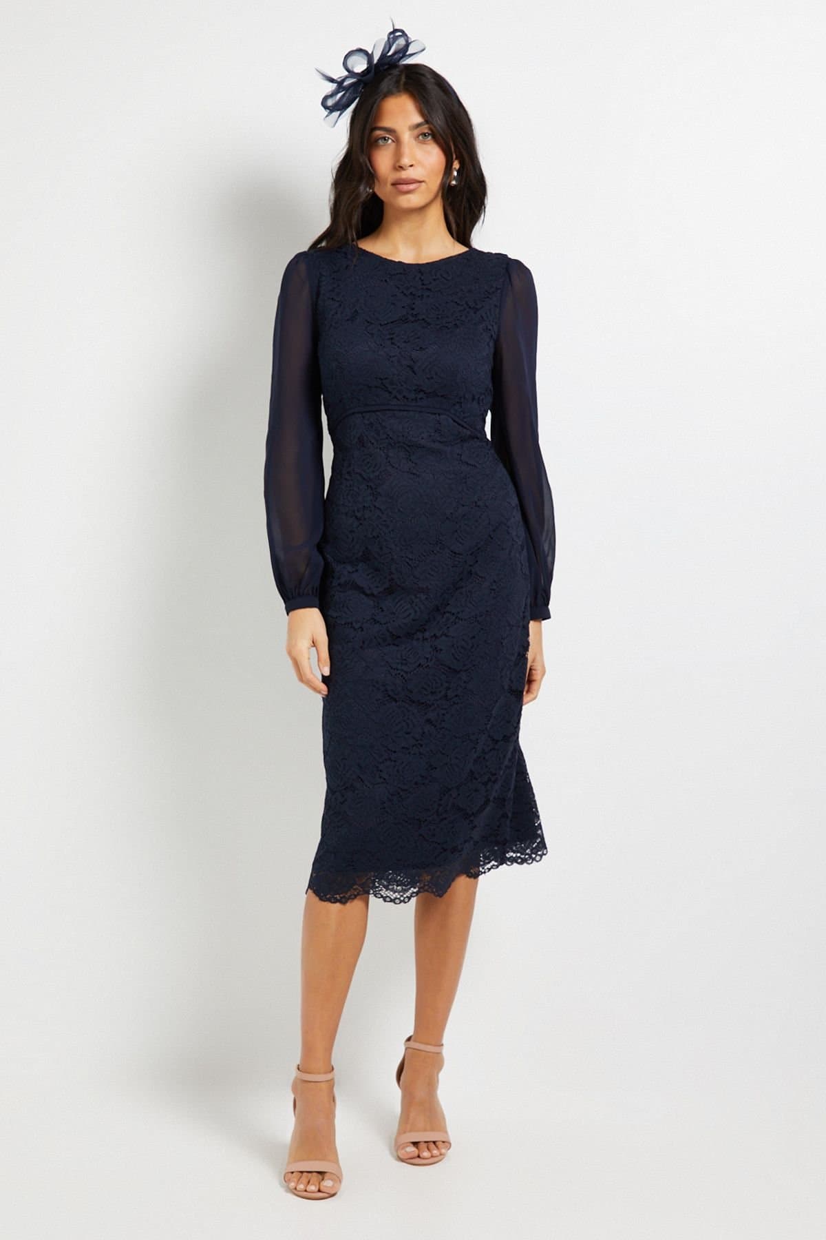 Wallis Wallis Women's Lace Chiffon Cowl Back Pencil Dress in Navy