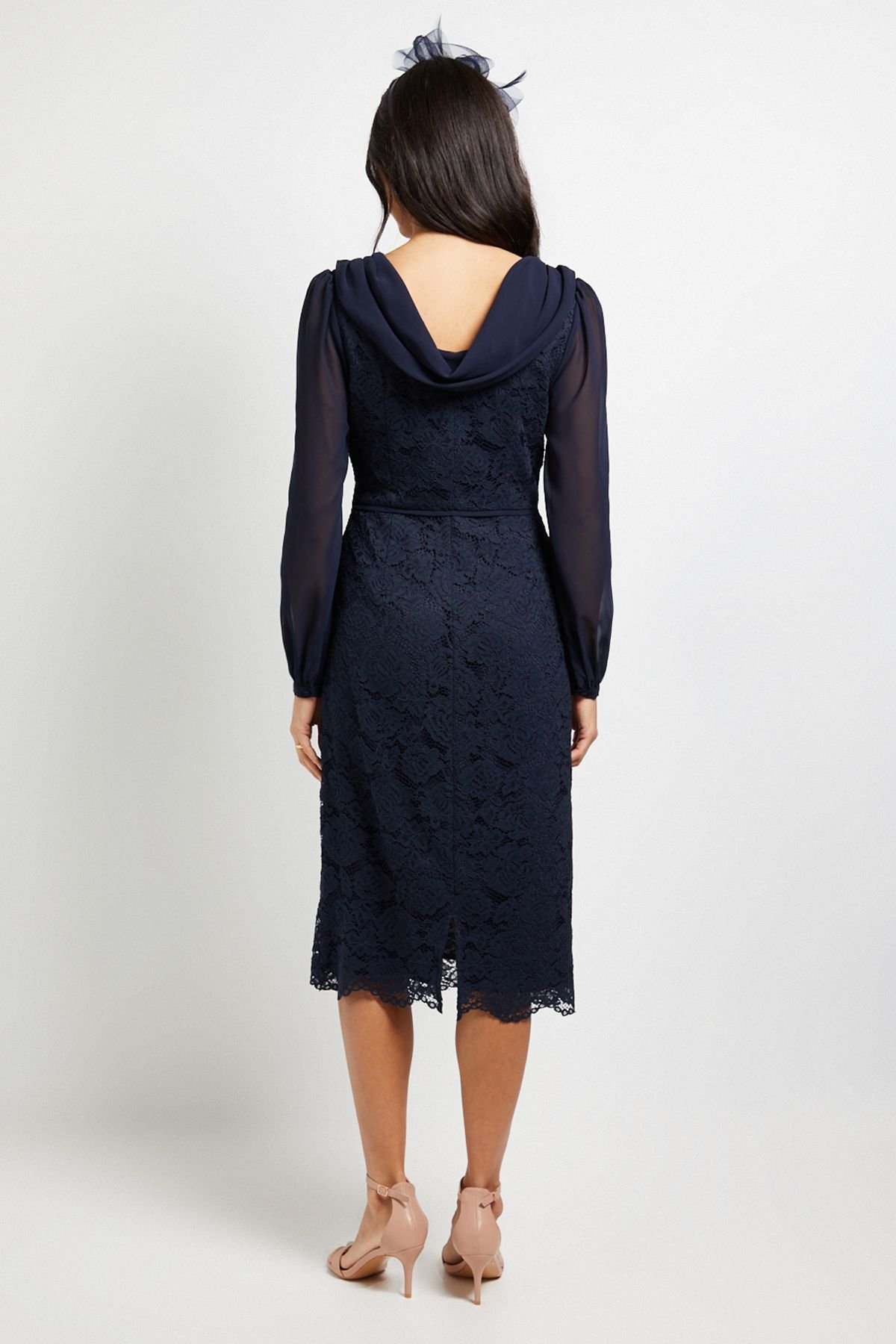 Wallis Wallis Women's Lace Chiffon Cowl Back Pencil Dress in Navy - 3