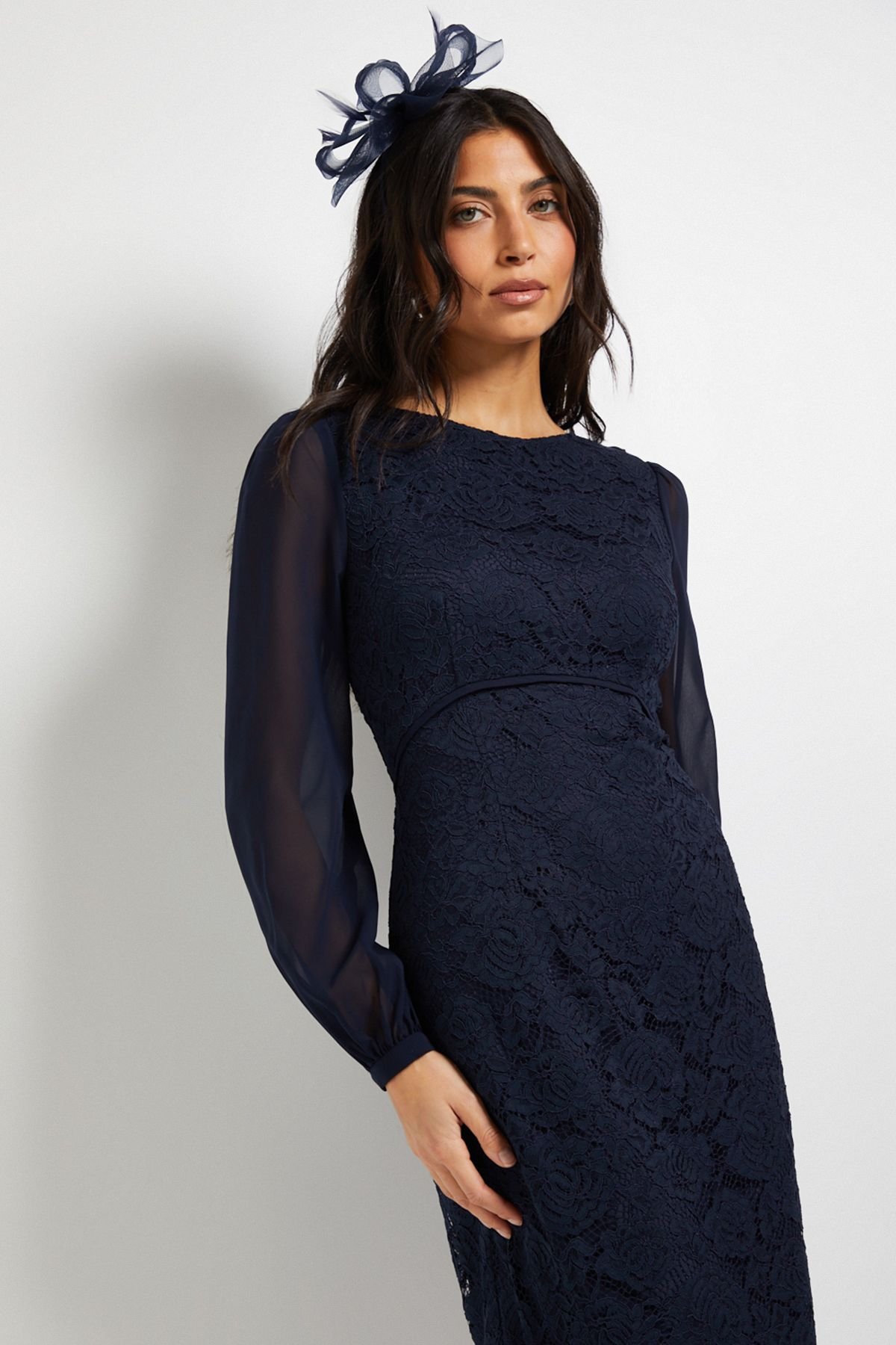 Wallis Wallis Women's Lace Chiffon Cowl Back Pencil Dress in Navy - 4