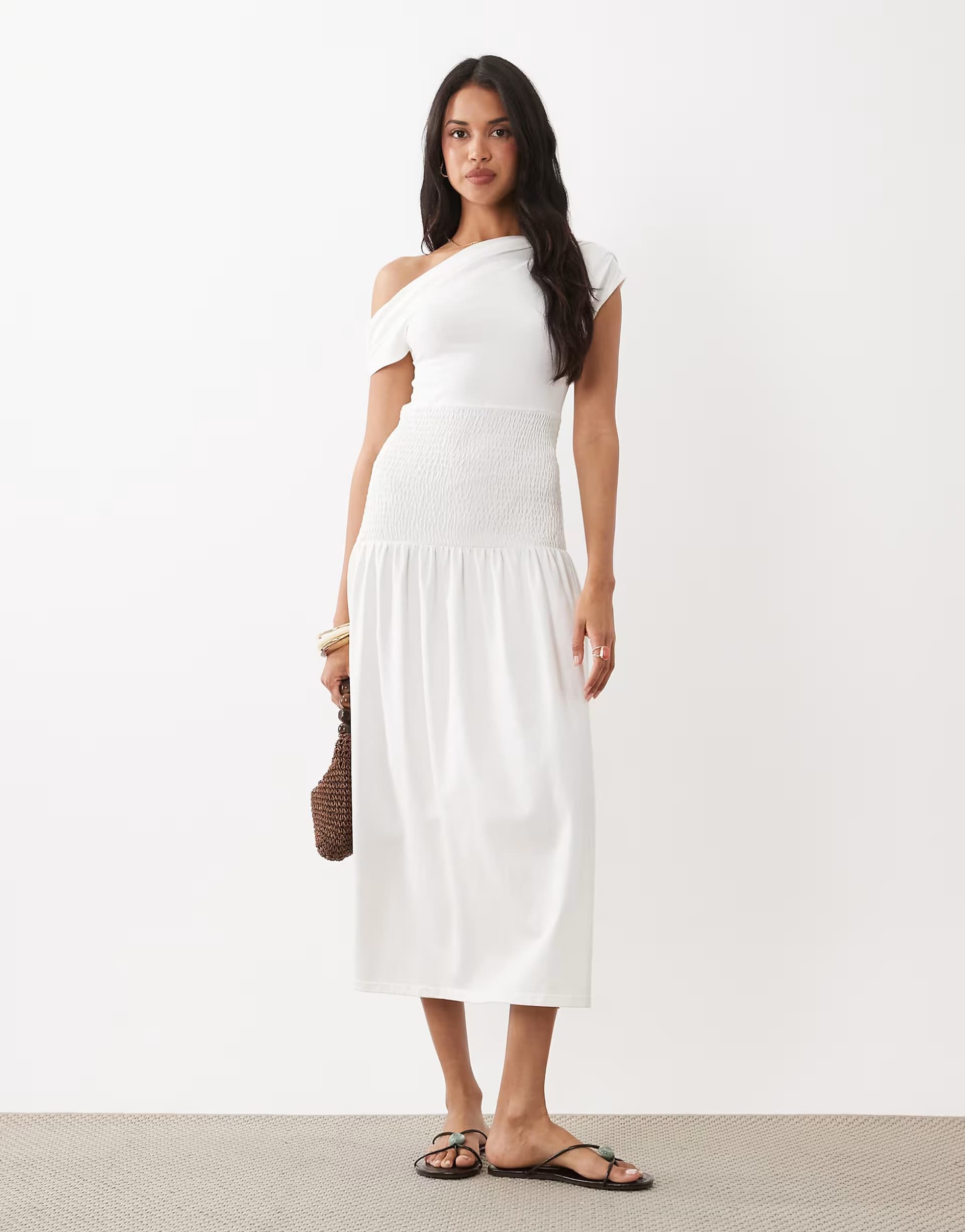 ASOS The Frolic exclusive jersey shirred waistband off shoulder midi dress in white