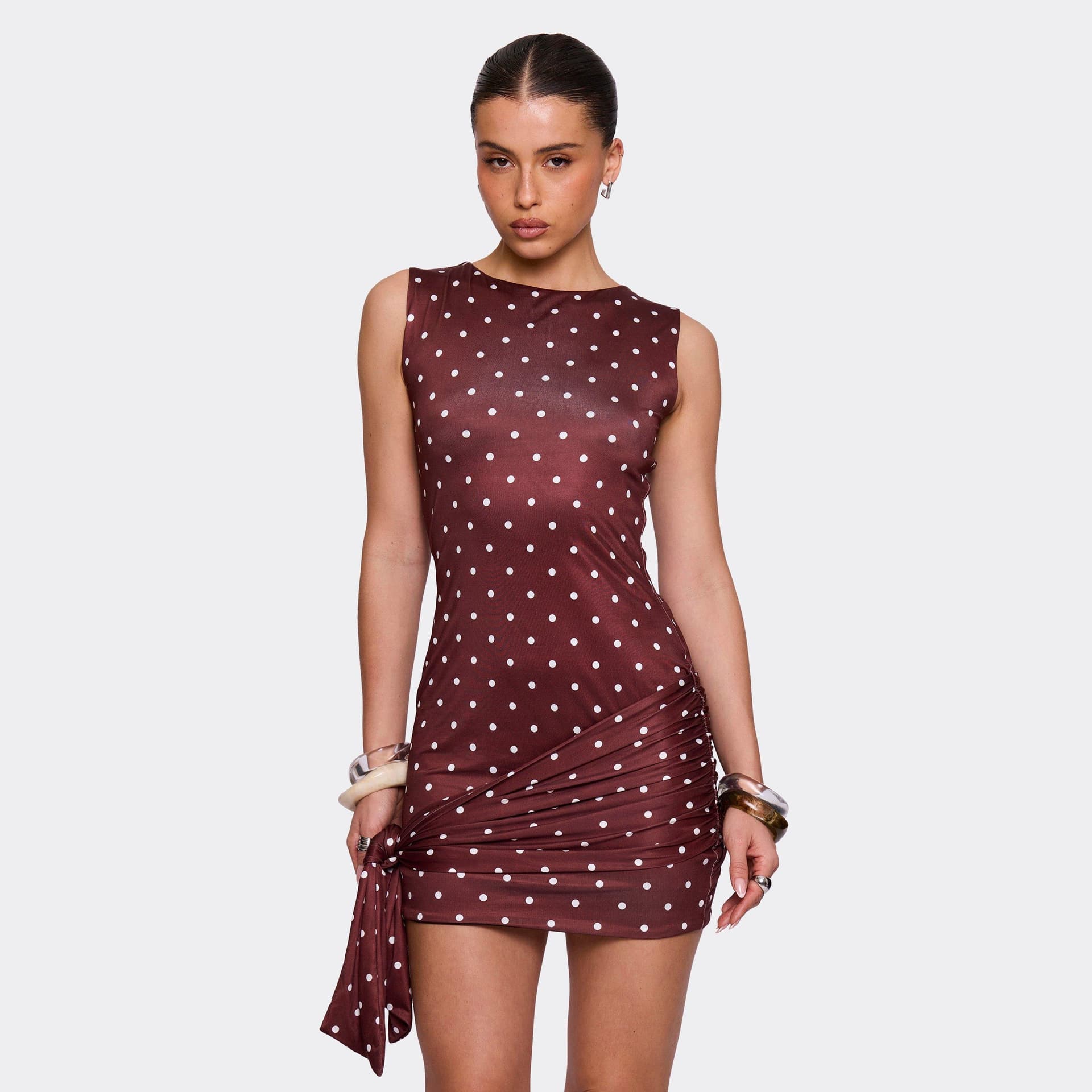 EGO EGO Brown Polka Dot Sleeveless Tie Side Mini Dress