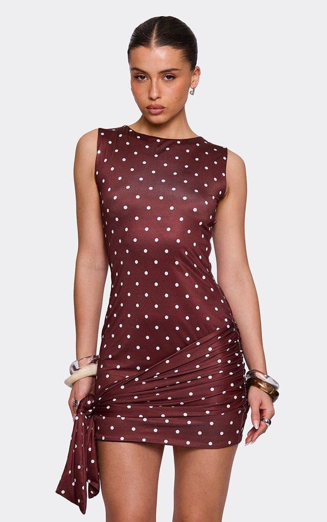 EGO Sleeveless Tie Side Mini Dress In Brown Polka Dot Print, Women's Size UK L - 2
