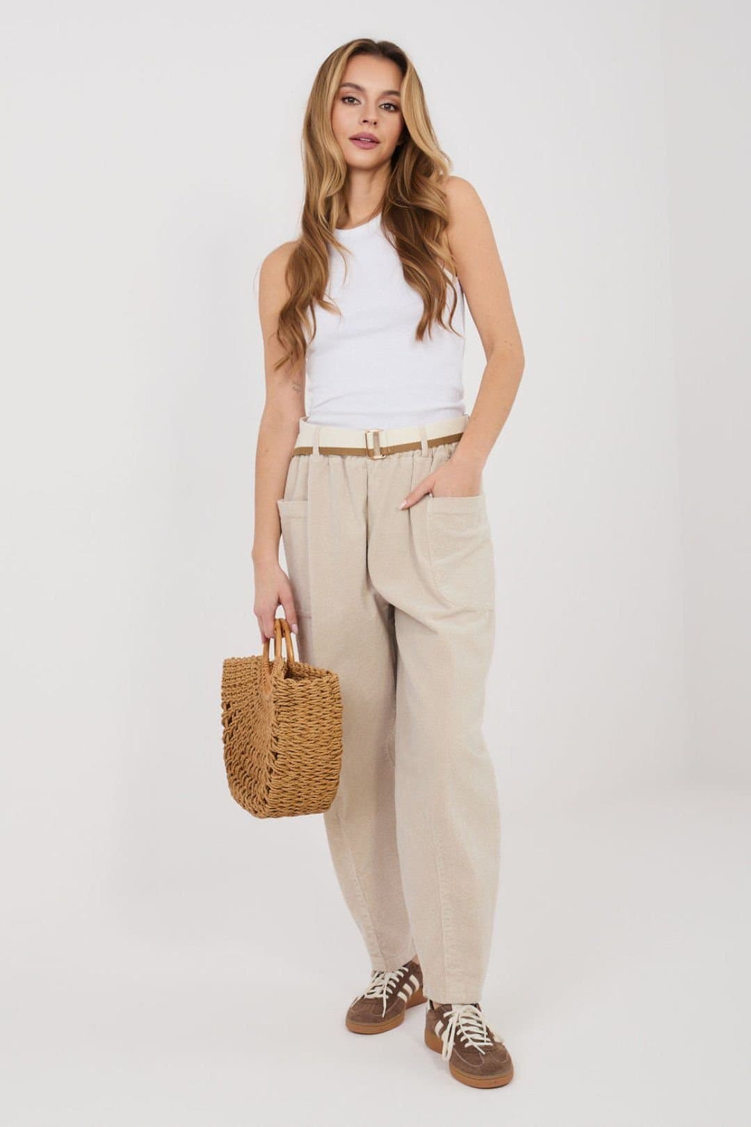 Love Lace Love Lace Women's High Waisted Corduroy Carrot Pants with Belt in Beige