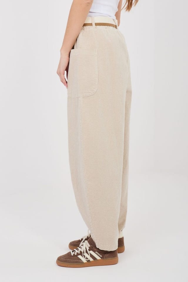 Love Lace Love Lace Women's High Waisted Corduroy Carrot Pants with Belt in Beige - 2