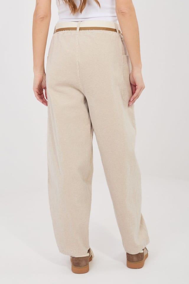 Love Lace Love Lace Women's High Waisted Corduroy Carrot Pants with Belt in Beige - 3