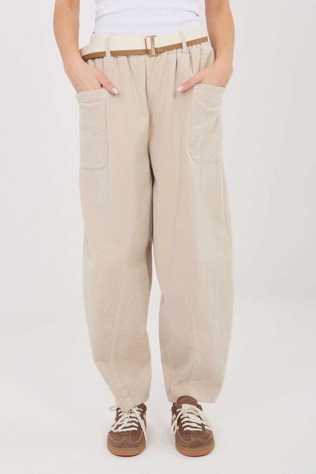 Love Lace Love Lace Women's High Waisted Corduroy Carrot Pants with Belt in Beige - 4