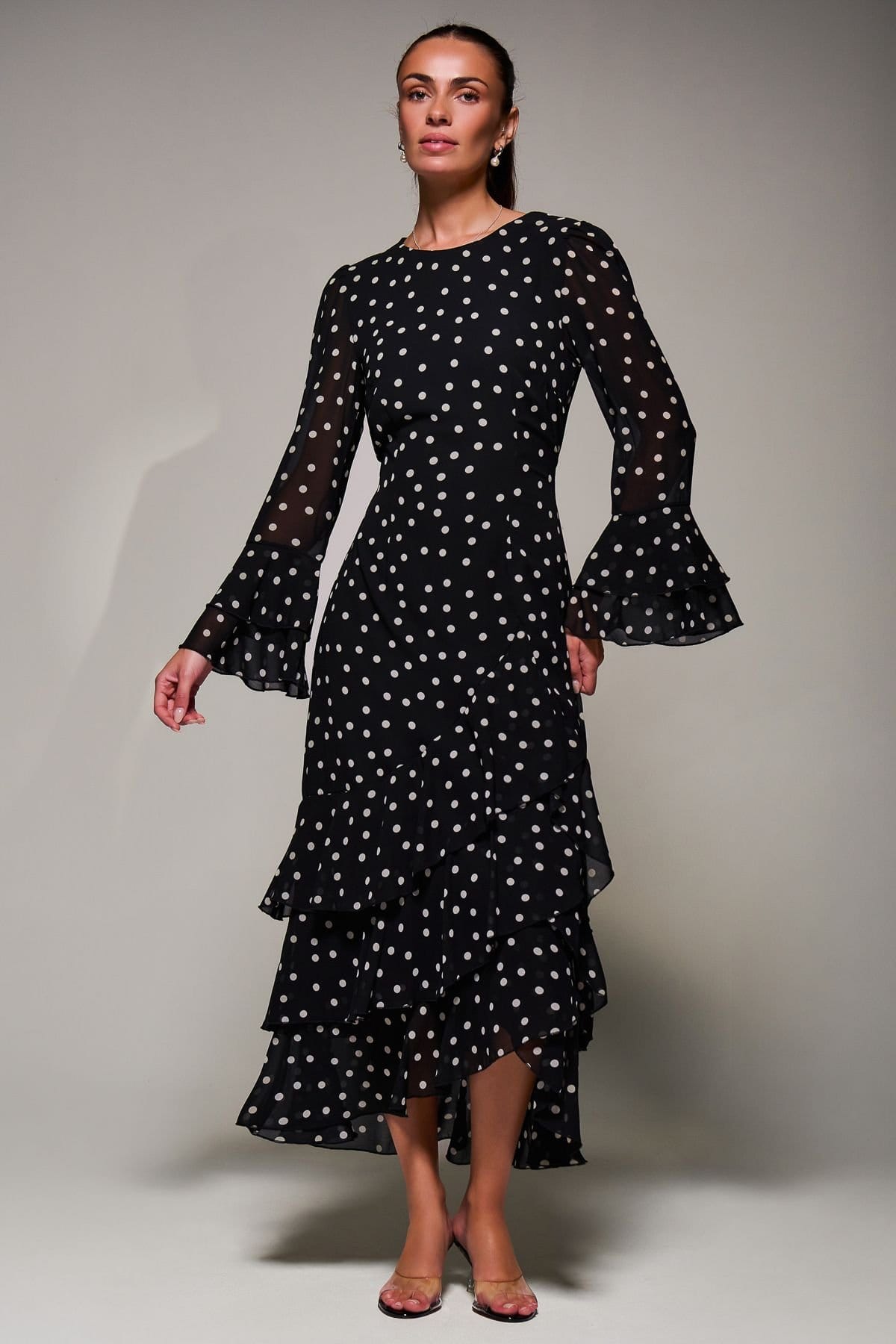 Jolie Moi Black Polka Dot Long Sleeve Tiered Chiffon Midi Dress