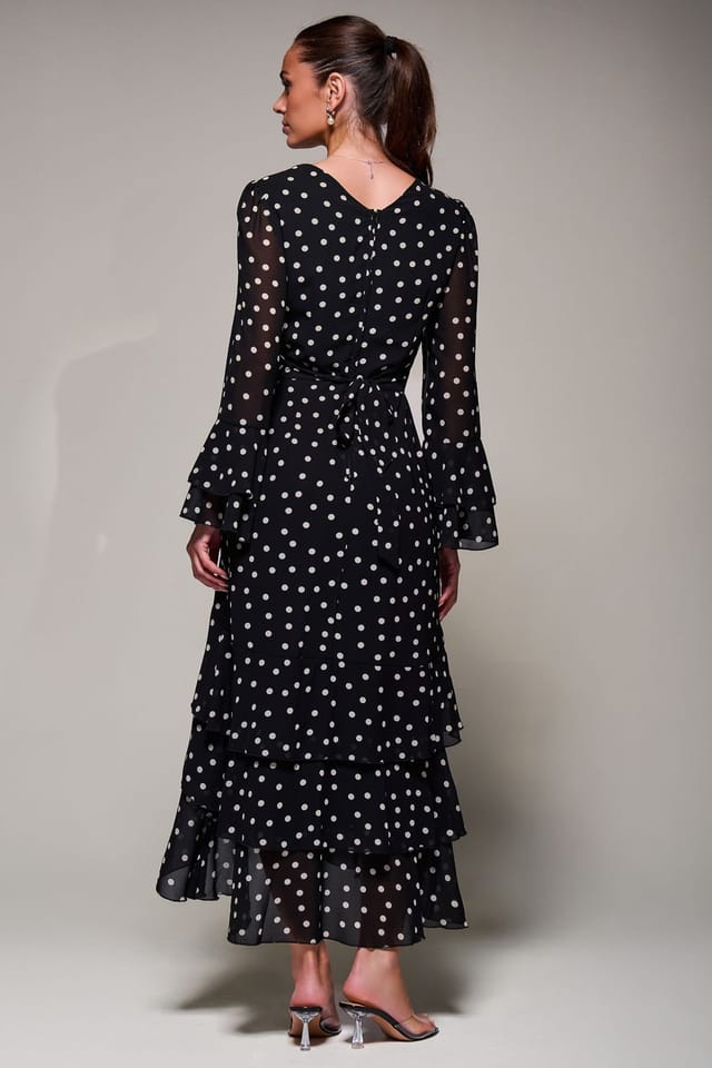 Jolie Moi Jolie Moi Women's Ruffled Long Sleeve Tiered Chiffon Midaxi Dress in Black - 2