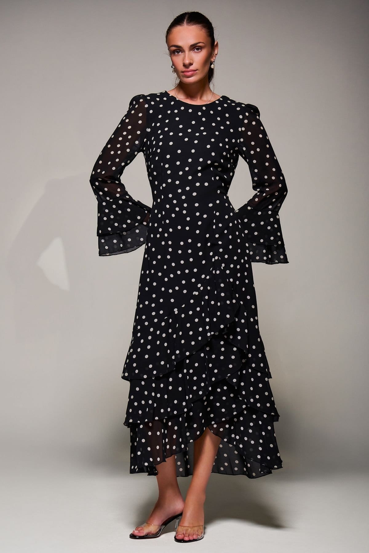 Jolie Moi Jolie Moi Women's Ruffled Long Sleeve Tiered Chiffon Midaxi Dress in Black - 4