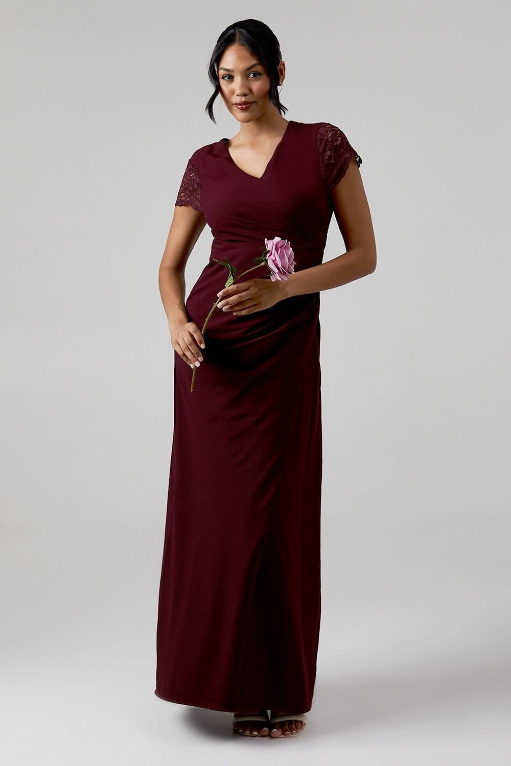 Coast Coast Women's Lace Wrap Over Crepe Bridesmaid Maxi Dress in Malbec - 1