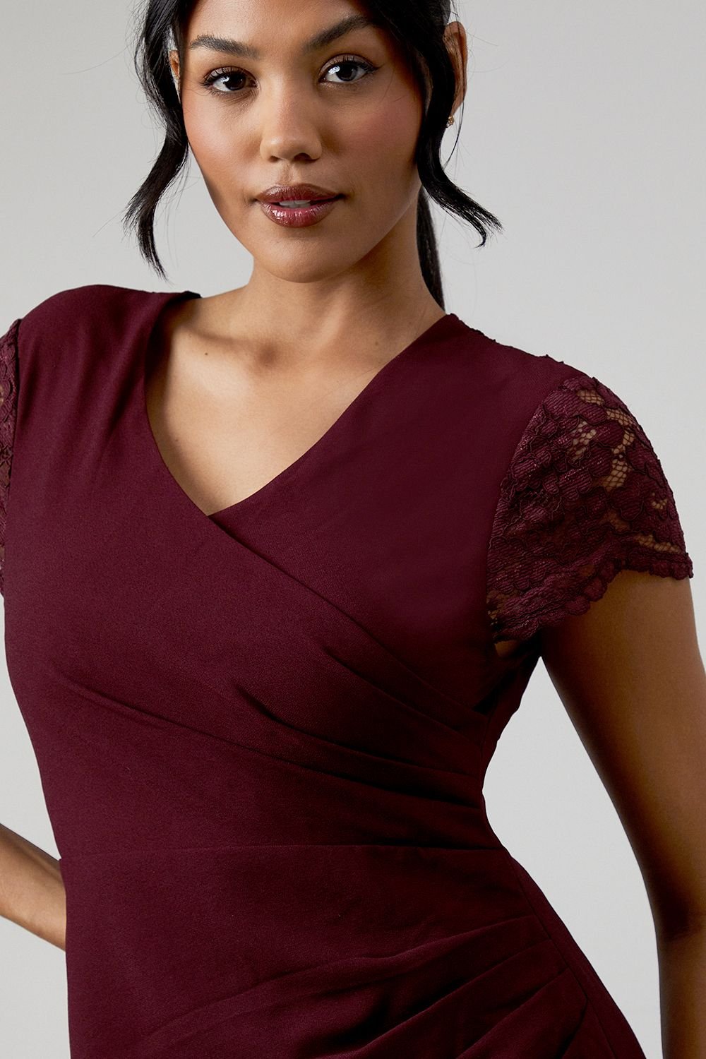 Coast Coast Women's Lace Wrap Over Crepe Bridesmaid Maxi Dress in Malbec - 3