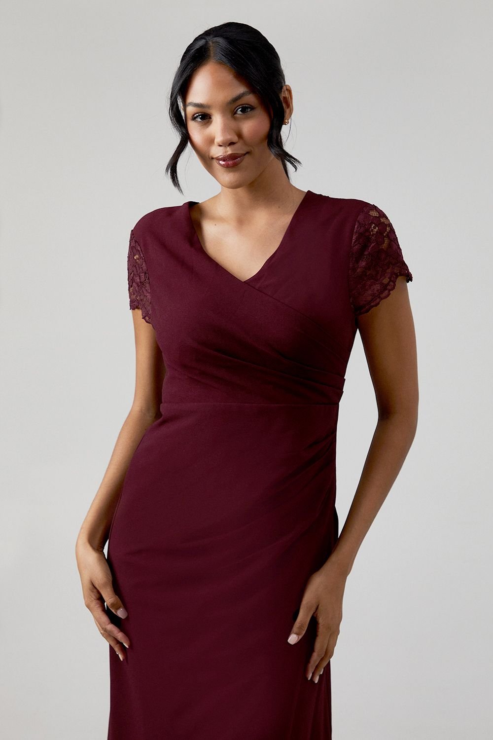 Coast Coast Women's Lace Wrap Over Crepe Bridesmaid Maxi Dress in Malbec - 4