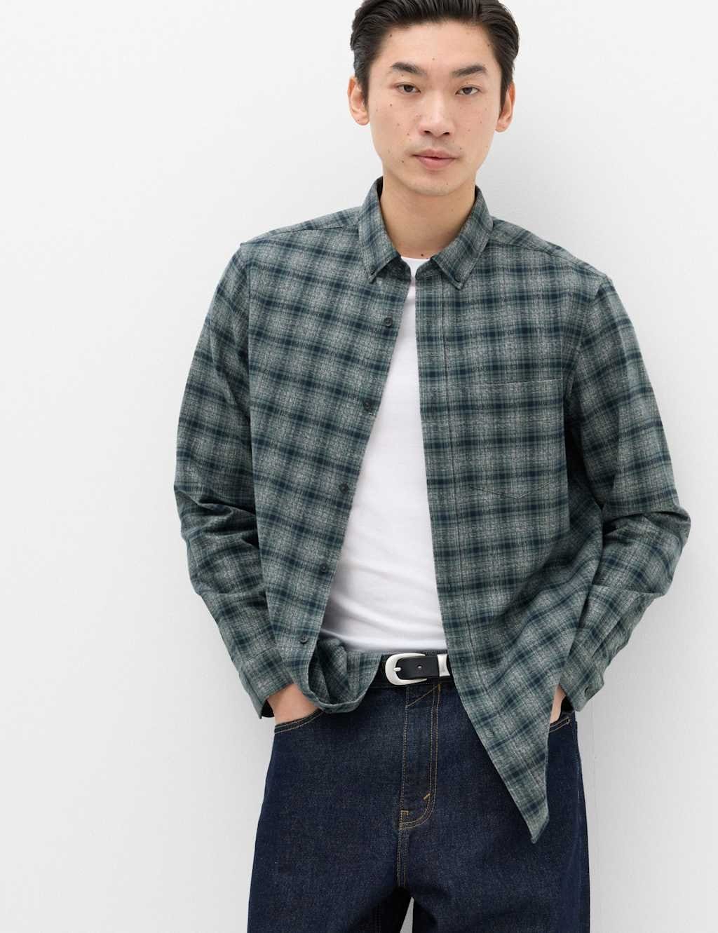 Marks & Spencer M&S Pure Cotton Flannel Shirt Dark Teal - 1