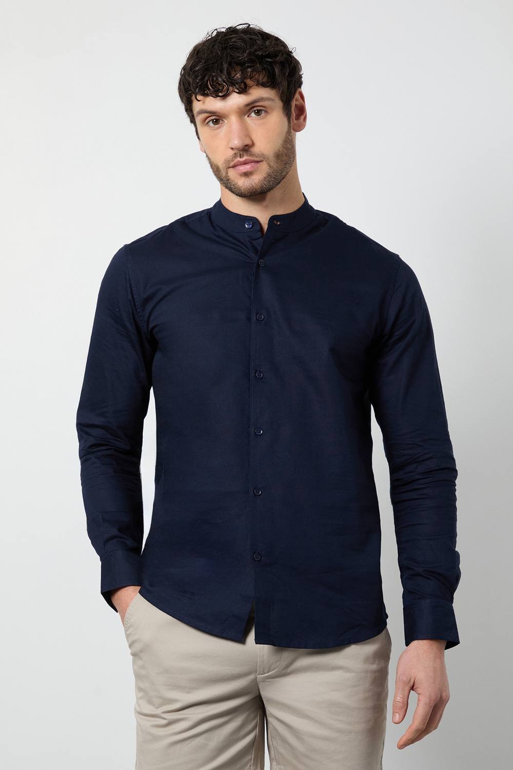 Burton Burton Men's Navy Oxford Grandad Long Sleeve Shirt - 1