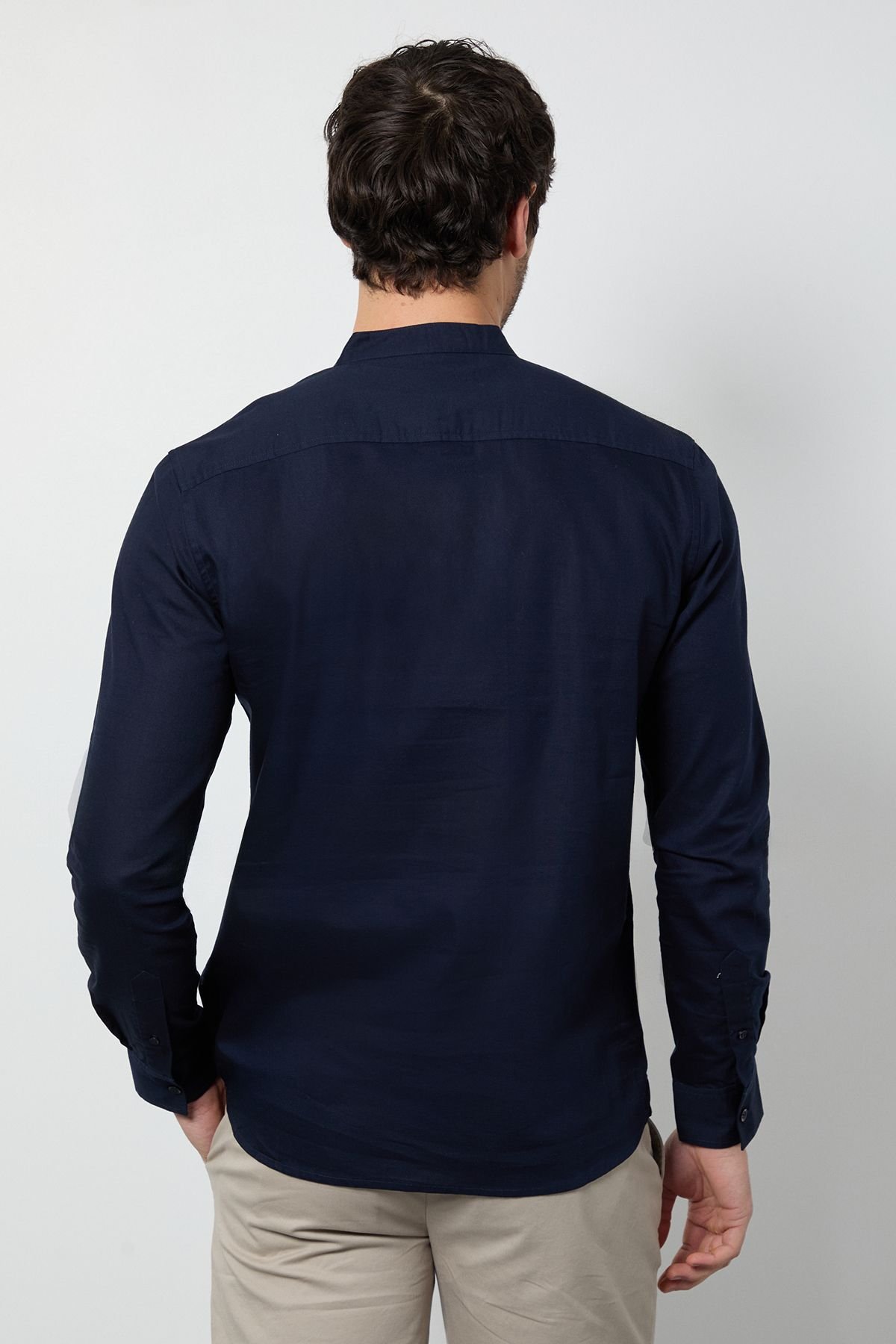 Burton Burton Men's Navy Oxford Grandad Long Sleeve Shirt - 3