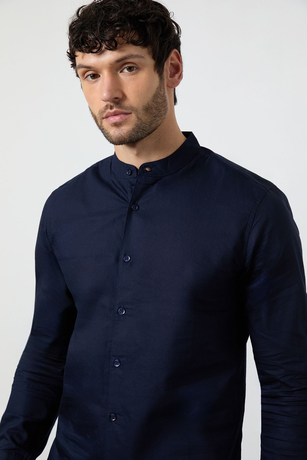 Burton Burton Men's Navy Oxford Grandad Long Sleeve Shirt - 4