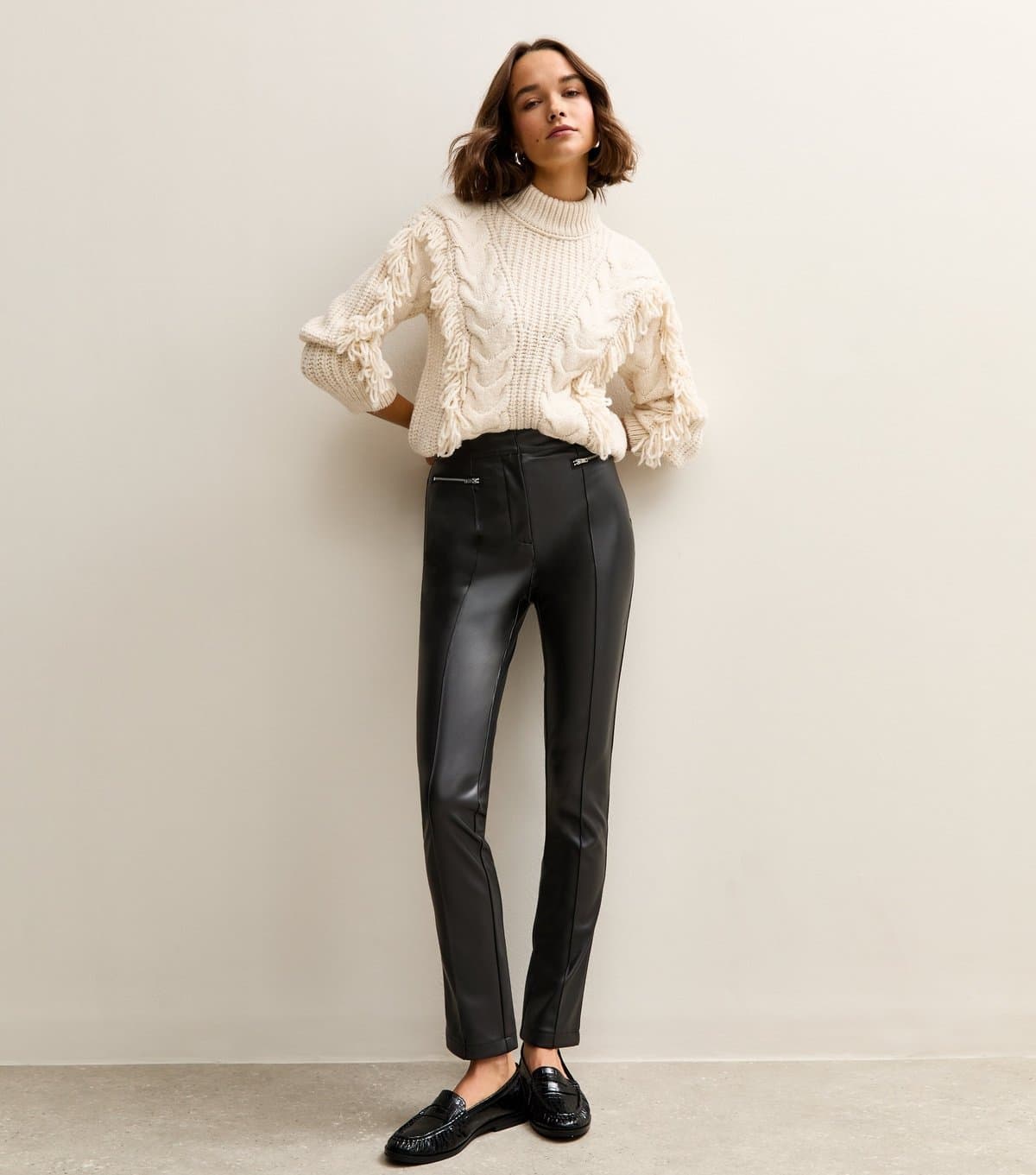 New Look Women's Black Faux Leather Zip Detail Biker Leggings New Look