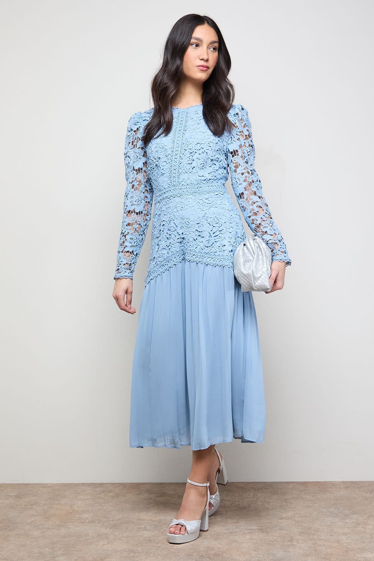 Oasis Oasis Women's Lace Bodice Pleated Skirt Long Sleeve Midi Dress in Powder Blue