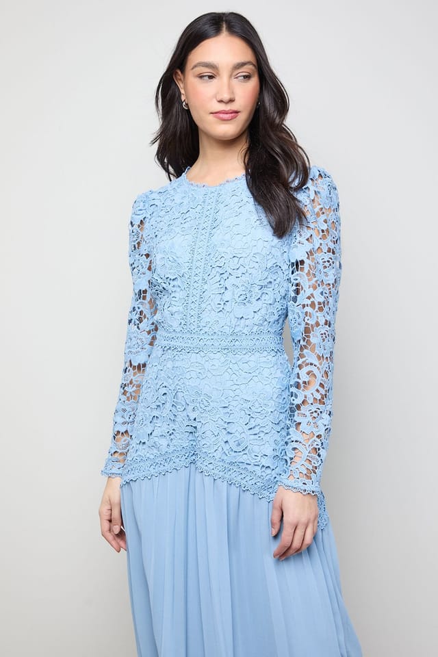 Oasis Oasis Women's Lace Bodice Pleated Skirt Long Sleeve Midi Dress in Powder Blue - 2