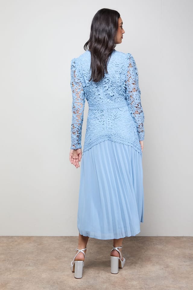 Oasis Oasis Women's Lace Bodice Pleated Skirt Long Sleeve Midi Dress in Powder Blue - 3