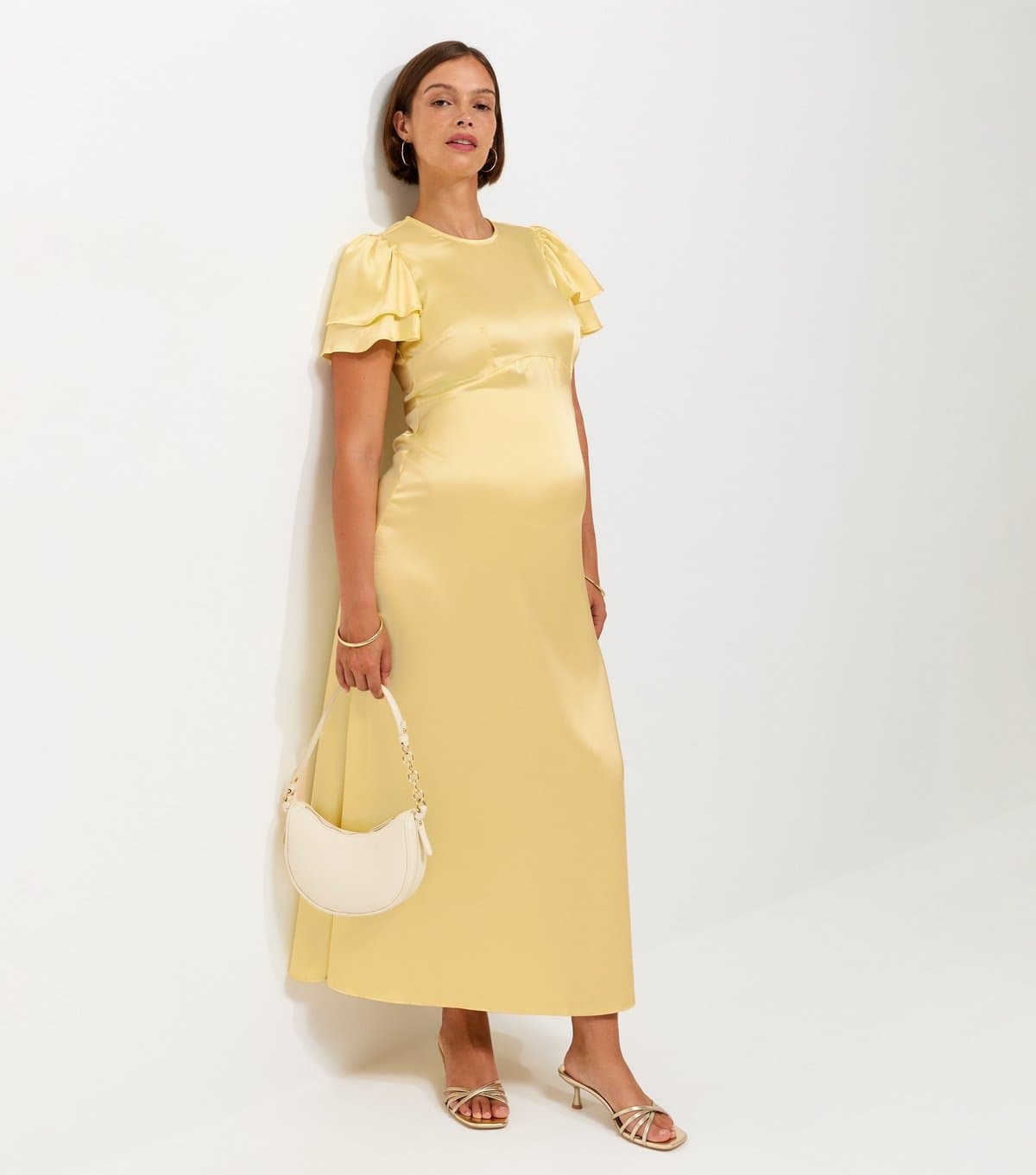 New Look Women's Maternity Light Yellow Occassion Frill Flutter Satin Midi Dress New Look