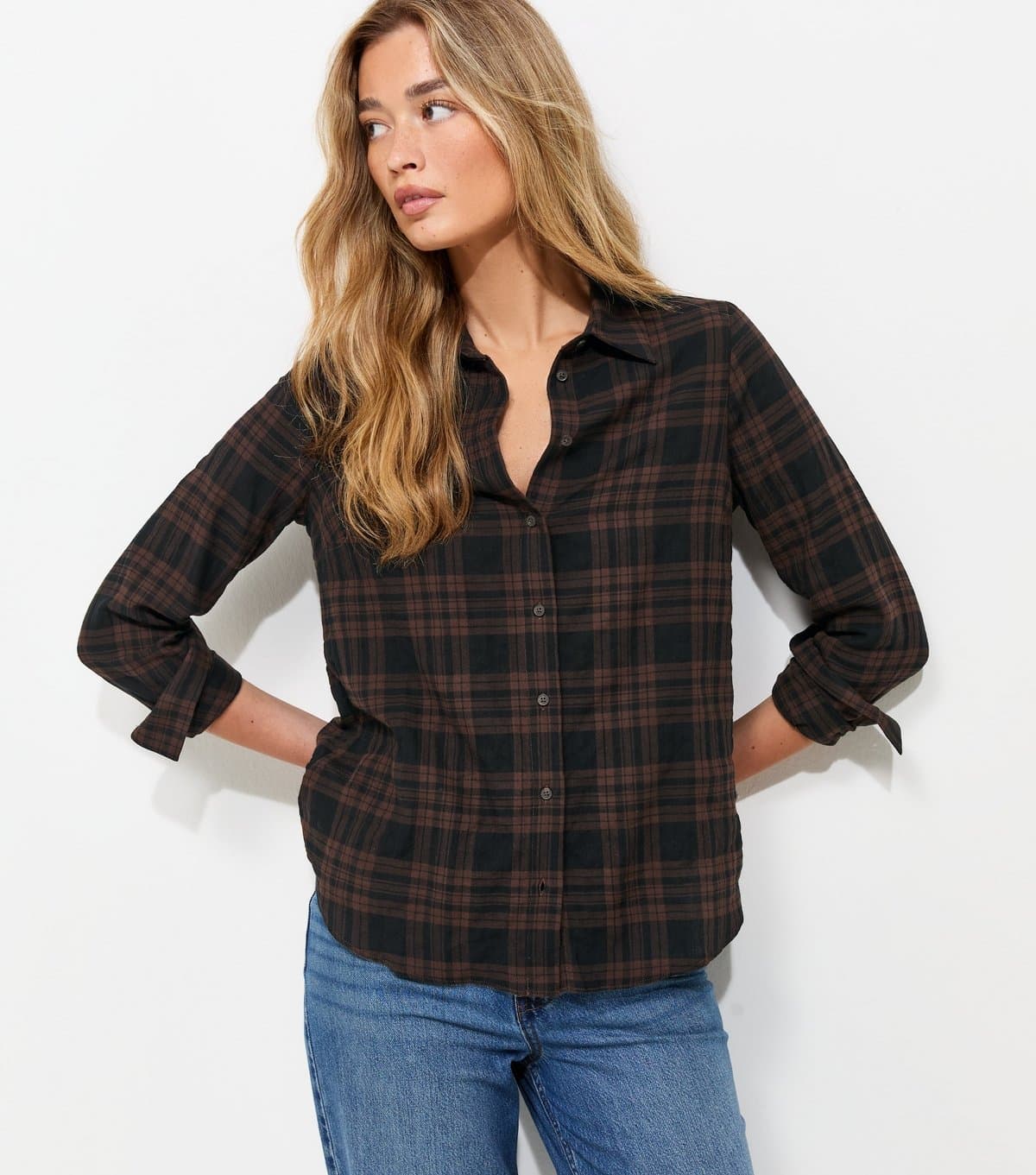 New Look Women's Tall Brown Cotton Rich Checked Long Sleeve Shirt New Look