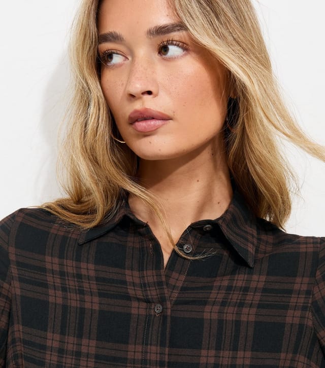 New Look Women's Tall Brown Cotton Rich Checked Long Sleeve Shirt New Look - 2