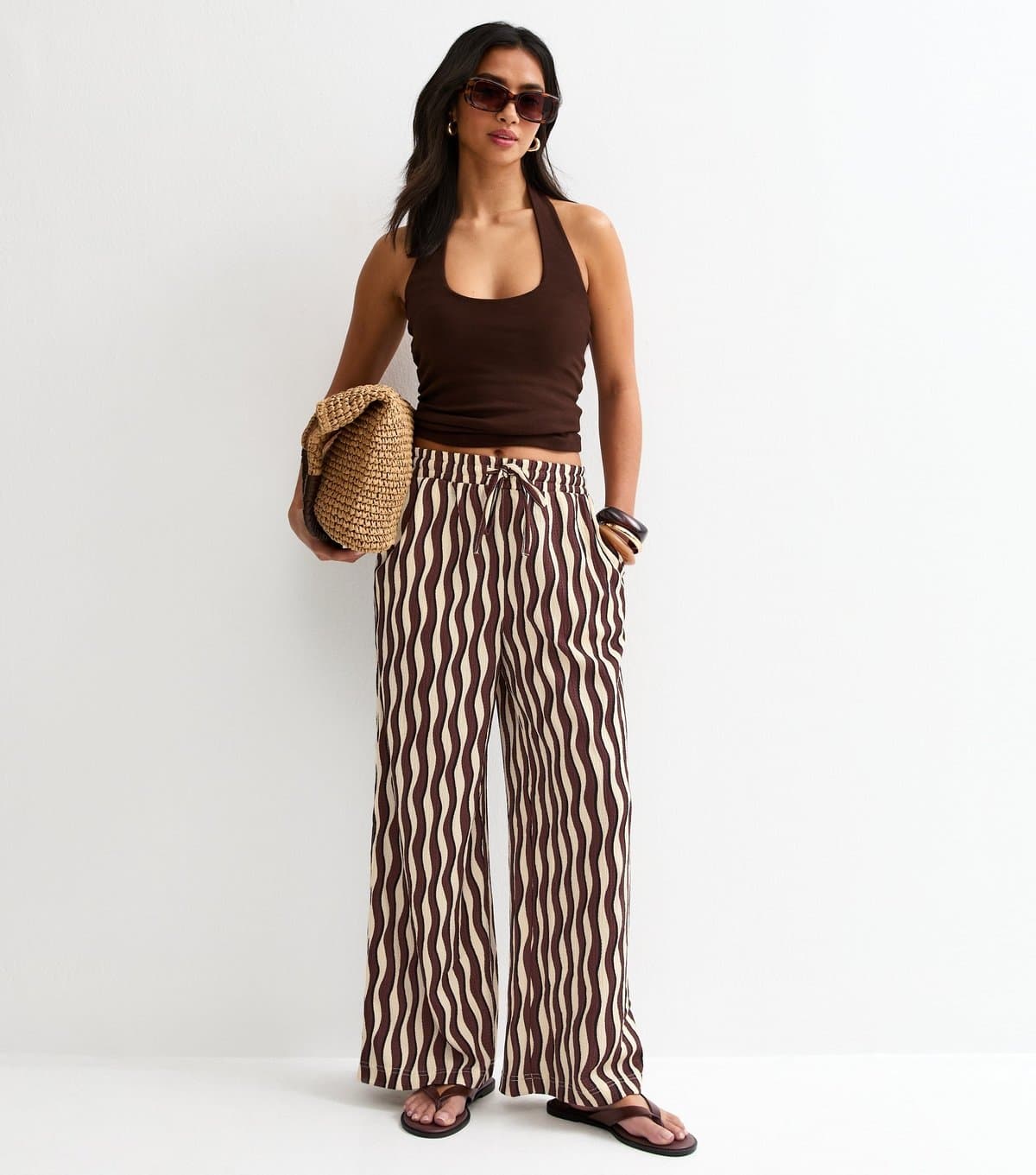 New Look Women's Petite Dark Brown Wave Crinkle Jersey Wide Leg Trousers New Look