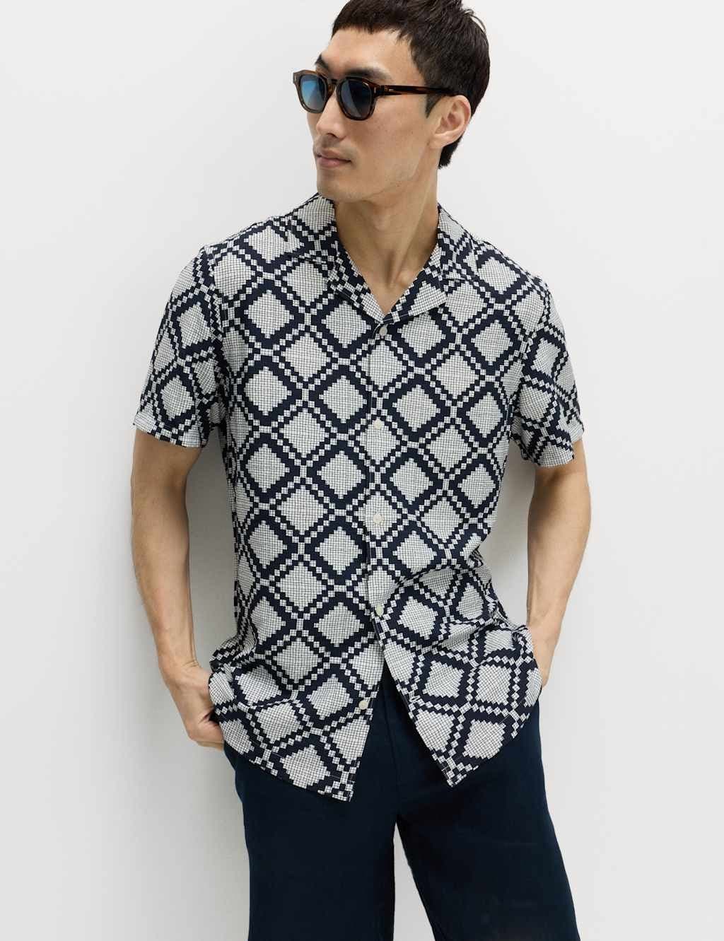 Marks & Spencer M&S Regular Fit Short Sleeve Shirt Blue Mix