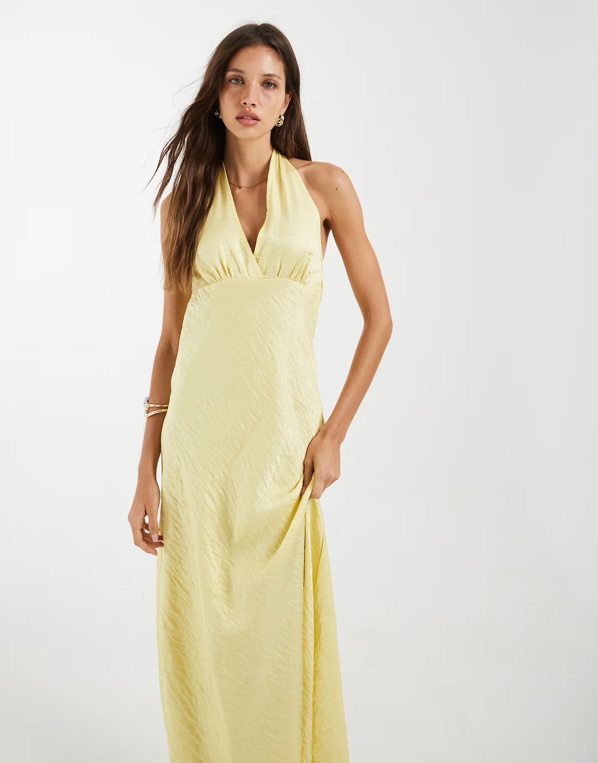 ASOS Object plunge front halterneck hammered satin maxi dress in pale yellow
