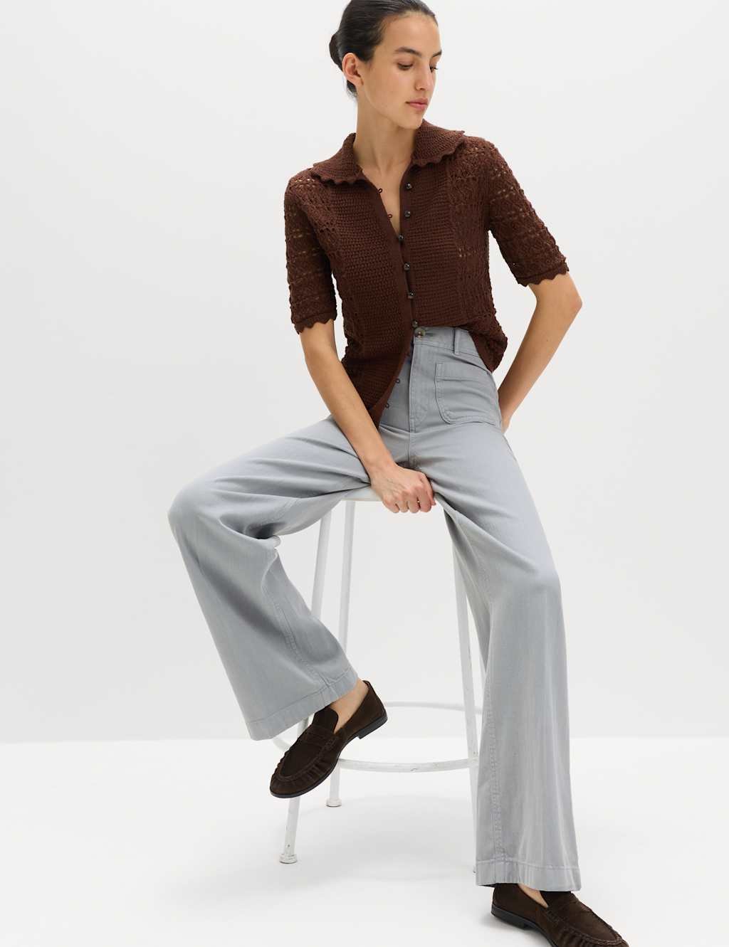 Marks & Spencer M&S Patch Pocket Straight Leg Trousers Soft Blue - 4