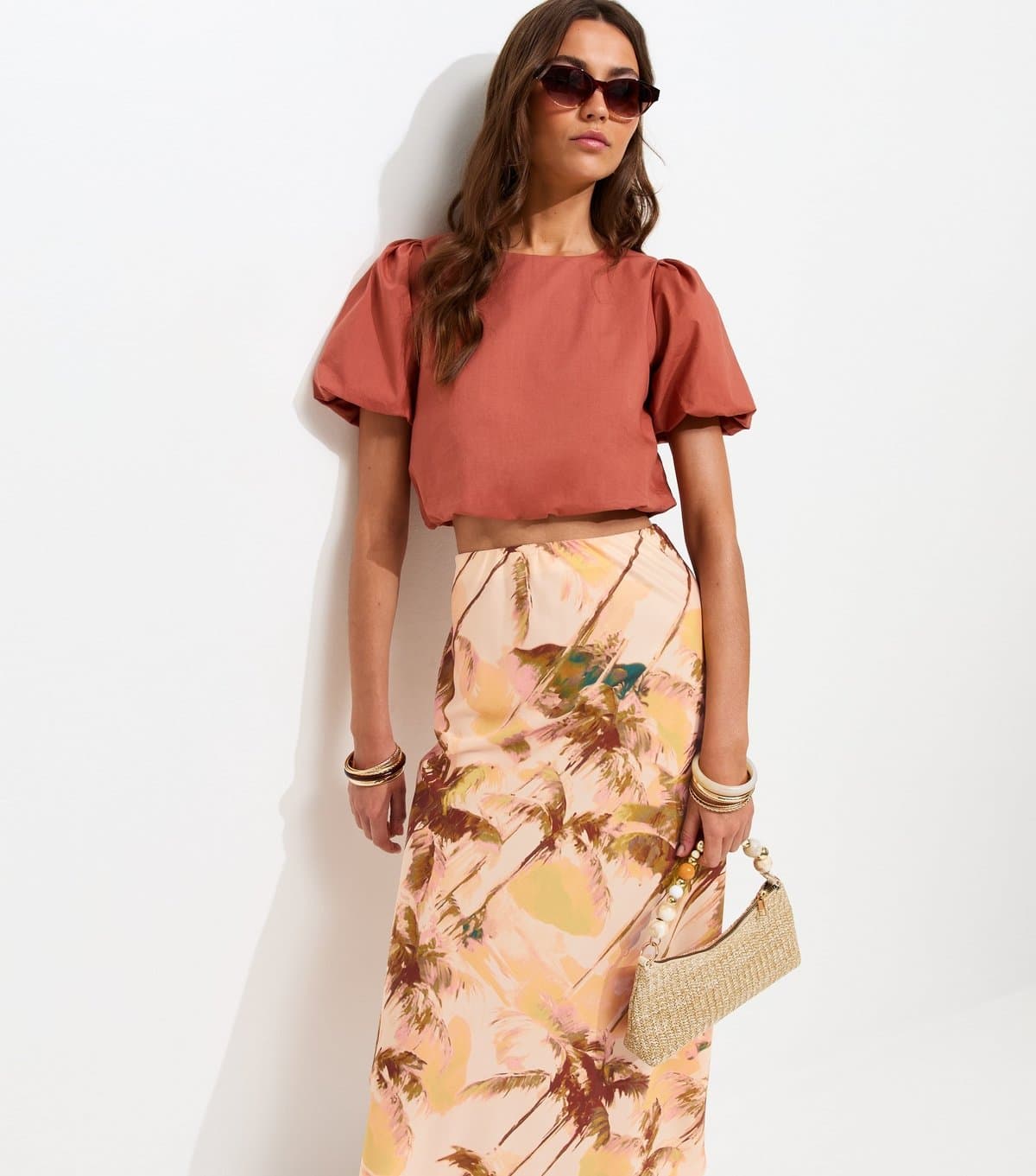 New Look Women's Pink Blurry Palm Tree Print Bias Cut Midi Skirt New Look