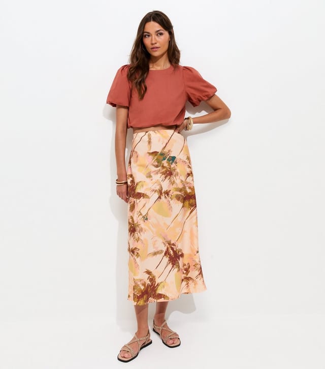 New Look Women's Pink Blurry Palm Tree Print Bias Cut Midi Skirt New Look - 2