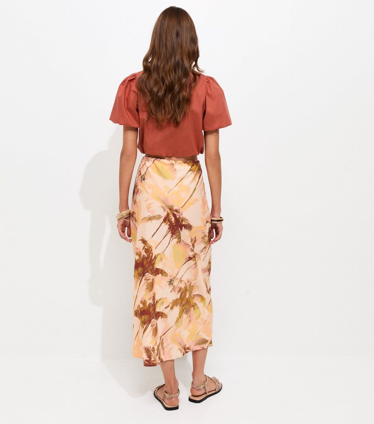 New Look Women's Pink Blurry Palm Tree Print Bias Cut Midi Skirt New Look - 4