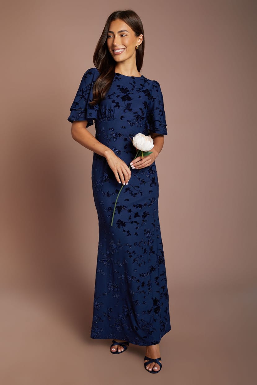 Coast Coast Women's Devore Mesh Angel Sleeve Bridesmaid Dress in Navy - 1