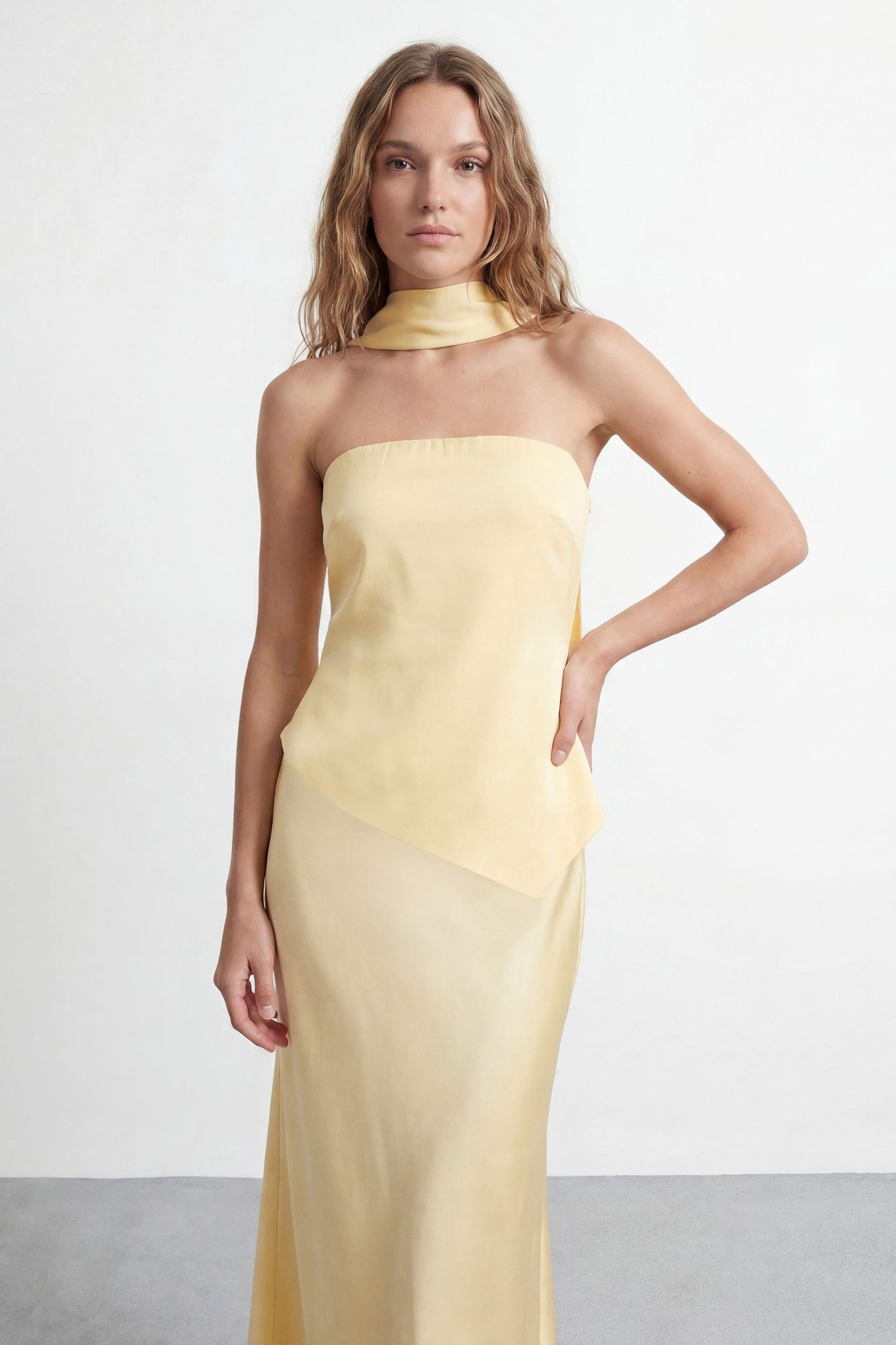 Warehouse Warehouse Women's Petite Strapless Structured Bodice Satin Midi Dress in Lemon - 4