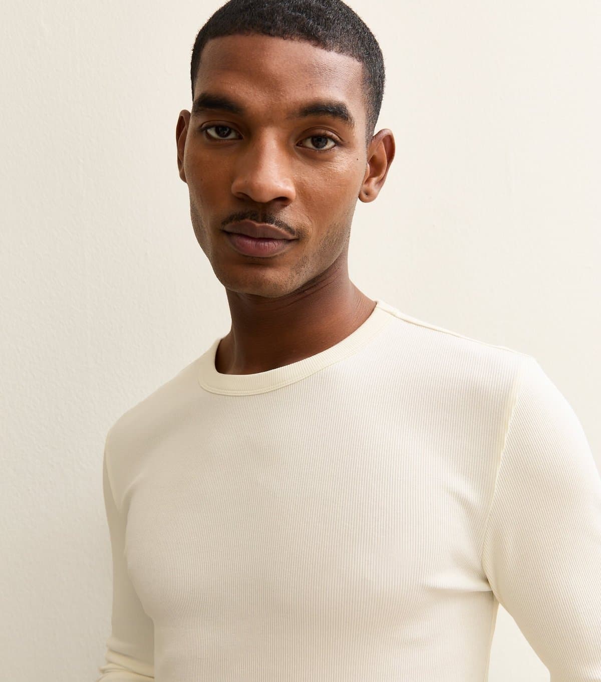 New Look Men's Off White Regular Long Sleeve Rib T-Shirt New Look