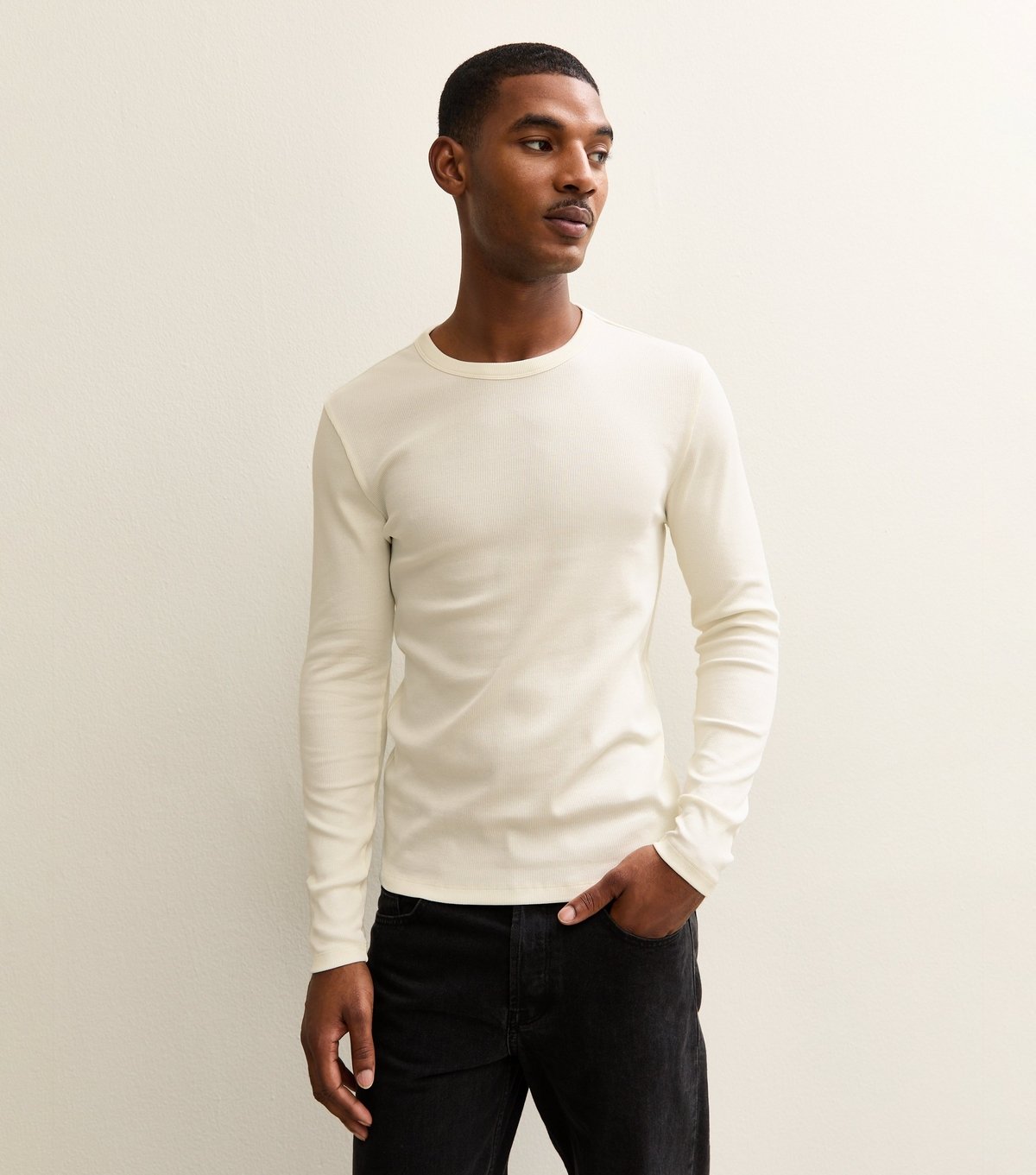 New Look Men's Off White Regular Long Sleeve Rib T-Shirt New Look - 2