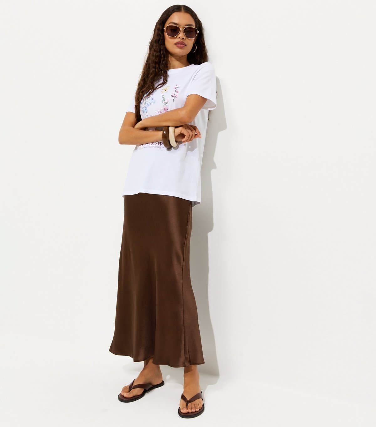 New Look Women's Petite Brown Satin Bias Cut Midi Skirt New Look
