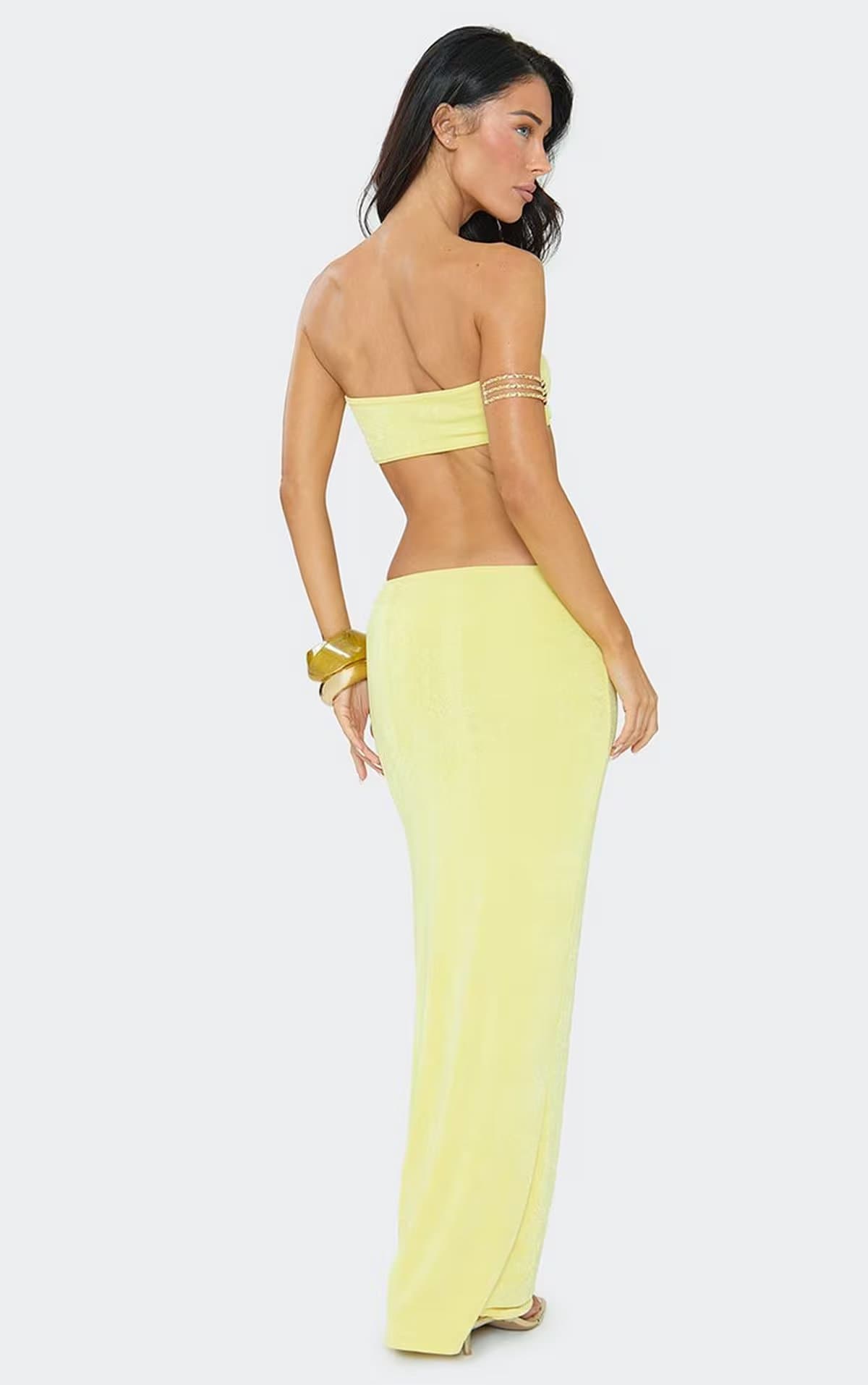 EGO Bandeau Bead Detail Cut Out Ruched Maxi Dress In Lemon, Women's Size UK 6