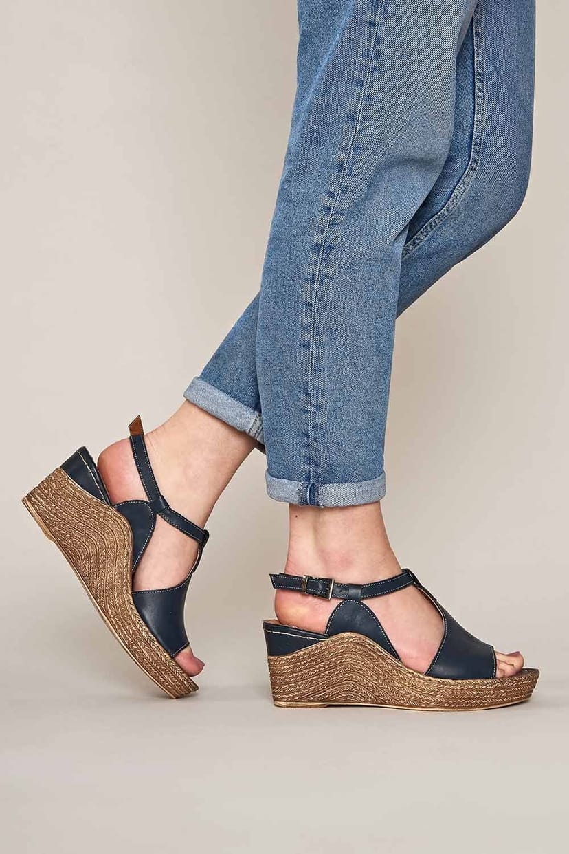 Moshulu Moshulu Women's 'Peach Melba 2' T-Bar Wedge Sandals in Indigo - 1