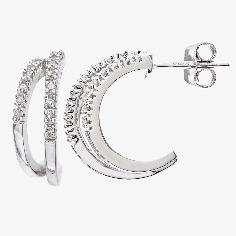 T.H.Baker T.H.Baker Women's 9ct White Gold 0.10ct Diamond Double Row Half Hoop Earrings PE03084W in Silver - 4