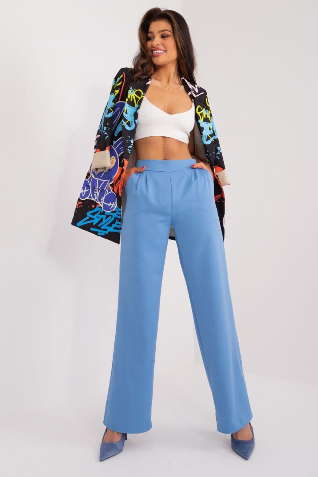 Love Lace Love Lace Blue Polyester High Waist Trousers