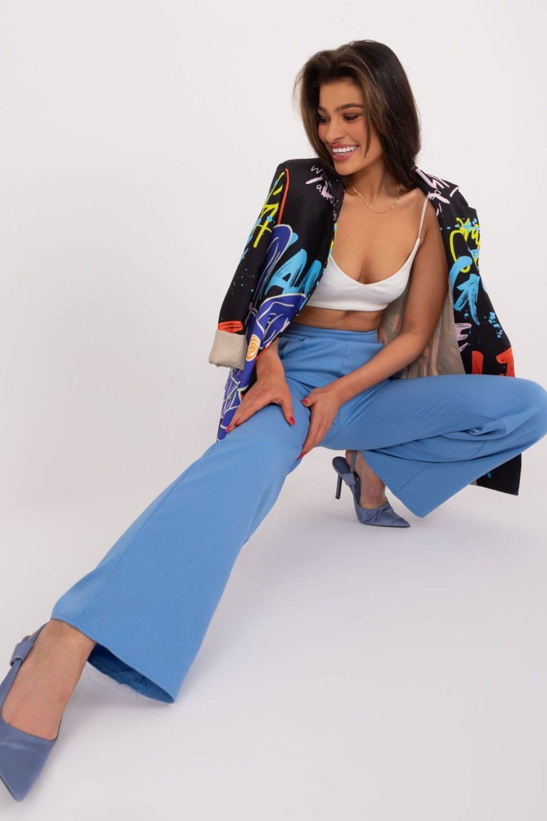 Love Lace Love Lace Women's High Waist Straight Unbuttoned Polyester Trousers in Blue - 4