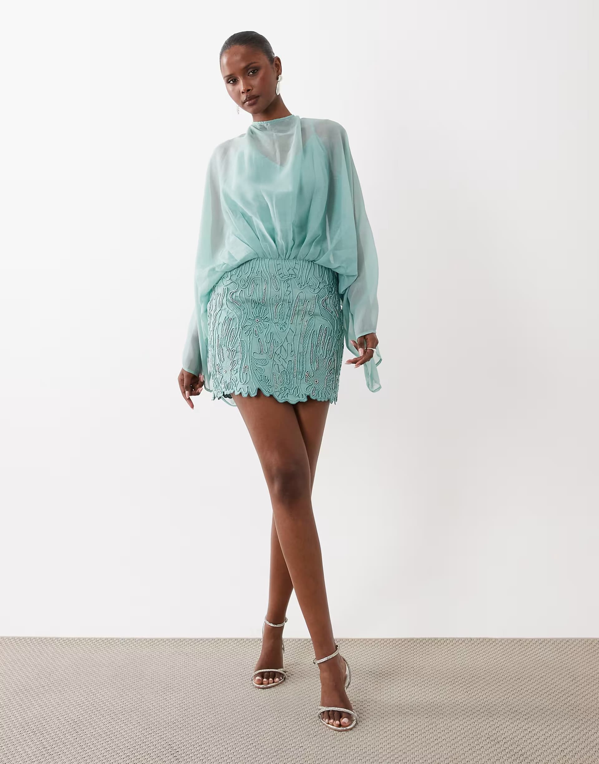 ASOS ASOS DESIGN Caped open back mini dress with embellished skirt in Blue