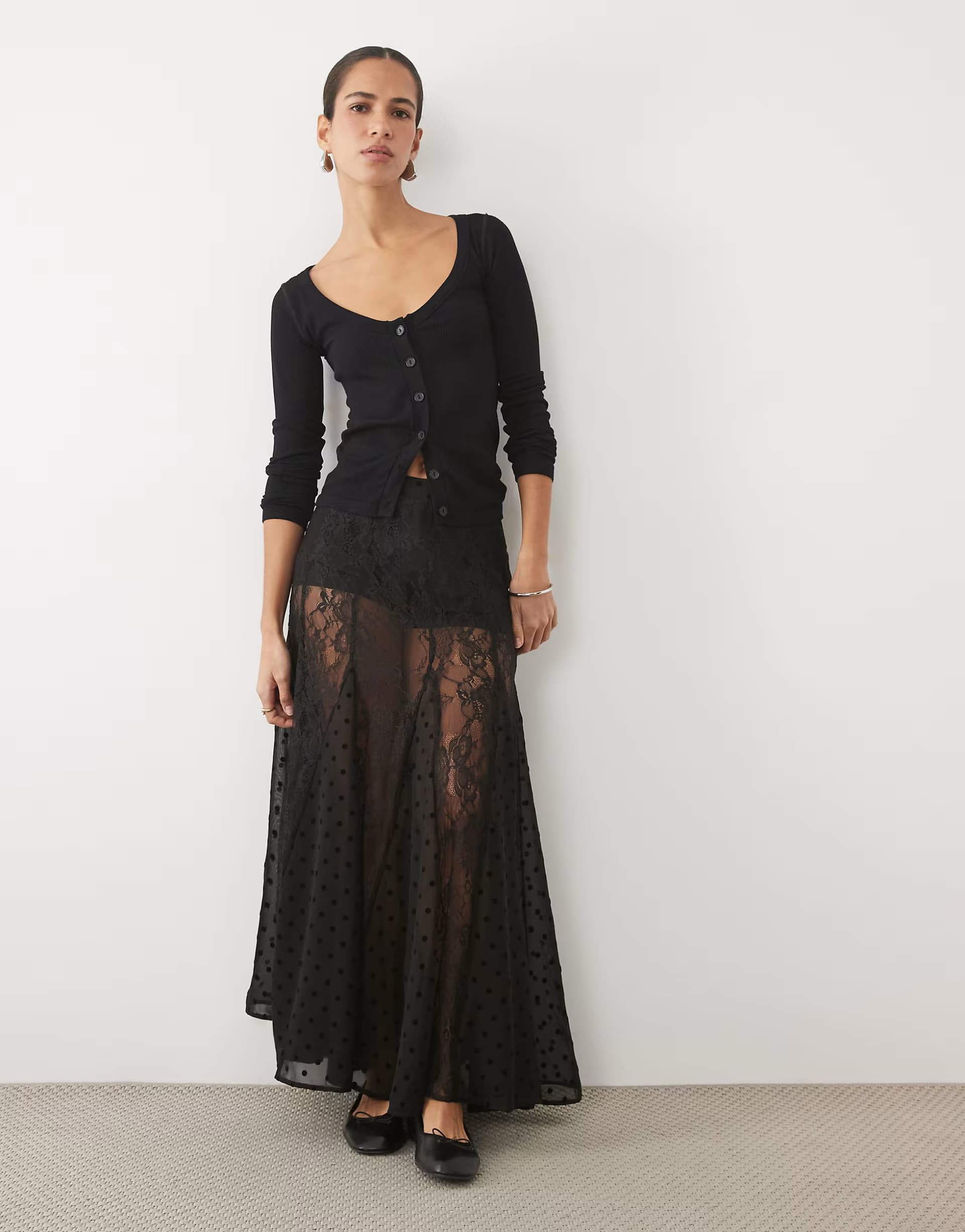ASOS Miss Selfridge lace mix godet maxi skirt in black